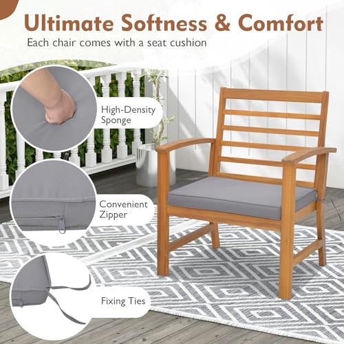 3 Pieces Outdoor Furniture Set, Acacia Wood Conversation Set with Soft Seat Cushions, Stable Acacia Wood Frame, Patio Sofa & Coffee Table Set for Backyard, Porch, Poolside (Grey)
