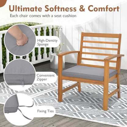 3 Pieces Outdoor Furniture Set, Acacia Wood Conversation Set with Soft Seat Cushions, Stable Acacia Wood Frame, Patio Sofa & Coffee Table Set for Backyard, Porch, Poolside (Grey)
