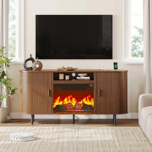 63" Fluted Fireplace TV Stand with Sliding Doors & Power Outlet, view 7