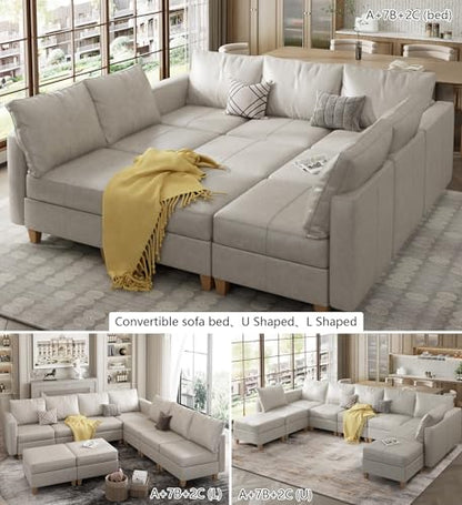 Modular Sleeper Sofa Sectional Couch with Storage, Faux Leather Modular Sofa Bed Sectional Sofa for Living Room Beach White