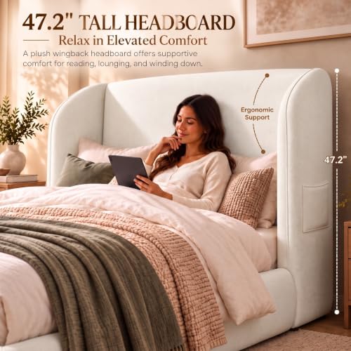 Queen Cloud Bed Frame with 47.2" Tall Wingback Cushion Headboard, view 4