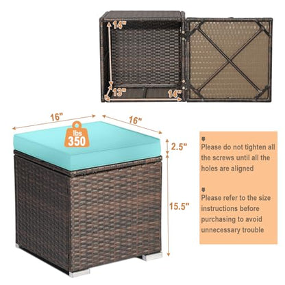 Wicker Outdoor Storage Ottoman, 2-Piece Rattan Footstool w/Removable Cushion, Multipurpose Footrest Stool Side Table Additional Seating, Set of 2 Outdoor Ottomans for Patio Deck (Turquoise)