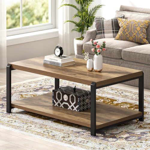 Modern Coffee Table, Rustic Wood and Metal Center Table for Living Room, Industrial Rectangle Cocktail Tea Table with Storage, Oak
