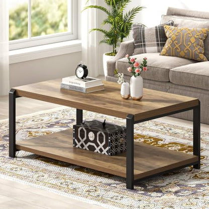 Modern Coffee Table, Rustic Wood and Metal Center Table for Living Room, Industrial Rectangle Cocktail Tea Table with Storage, Oak