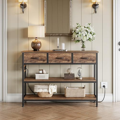 Entryway Table with Outlets, 3 Fabric Drawers, 43 in Console Table | 43.3"W x 11.8"D entry table with 2 outlets, 2 USB ports, swappable plug side, adjustable feet and anti-tip kit.