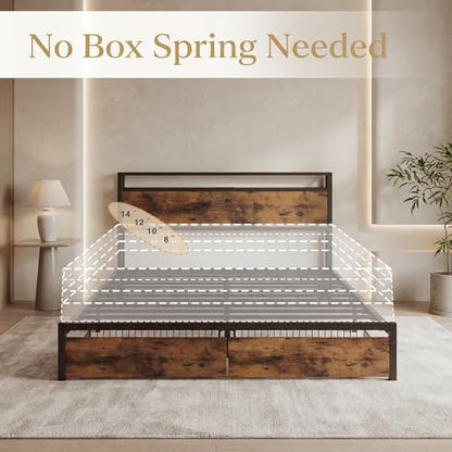 King Size Bed Frame with Headboard, 2 Drawers and Charging Station, view 6