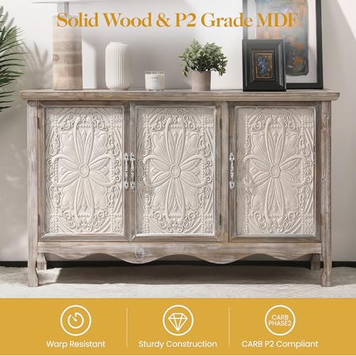 Farmhouse Sideboard Buffet Cabinet with Storage, 49" Solid Wood Credenza Buffet Table Coffee Bar Wine Bar Storage Cabinet with 3 Doors for Dining Room Living Room Hallway, (Provence Gray)