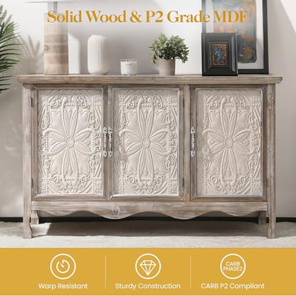 Farmhouse Sideboard Buffet Cabinet with Storage, 49" Solid Wood Credenza Buffet Table Coffee Bar Wine Bar Storage Cabinet with 3 Doors for Dining Room Living Room Hallway, (Provence Gray)