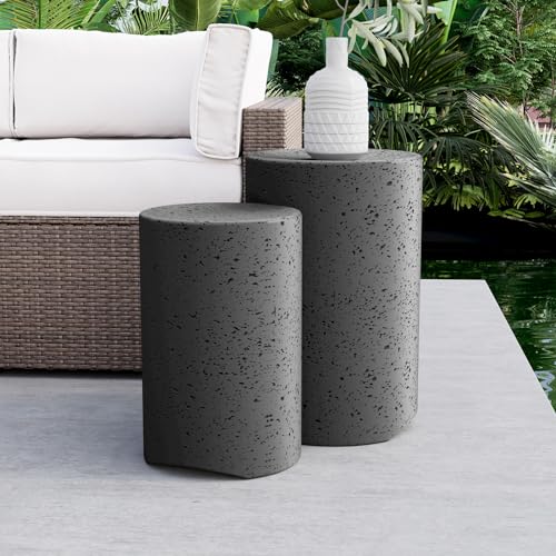 Dark grey concrete round outdoor side tables set of two, view 2