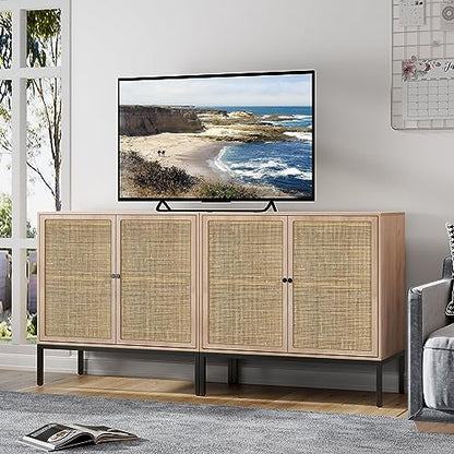 Set of 2 Sideboard Buffet Cabinet with Natural Rattan Decorated Doors, 63" W Rattan Cabinet, Console Storage Cabinet, Boho Credenza for Living Room, Entryway, Dining Room/Square Doors