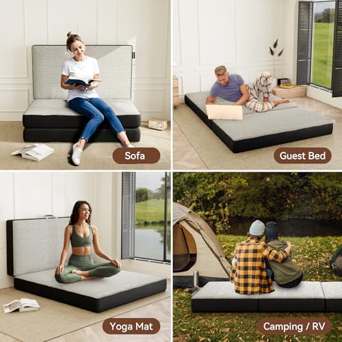Memory Foam Trifold Mattress, 6 Inch Queen Foldable Mattress, Portable Floor Bed with Washable Cover, Handle & Non-Slip Bottom, for RV, Travel, Camping, Yoga, 78"x58"x6", Grey