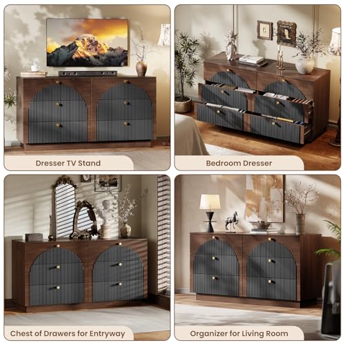 Arched Fluted Dresser for Bedroom 6 Drawers 55" Wide Walnut Black, view 4