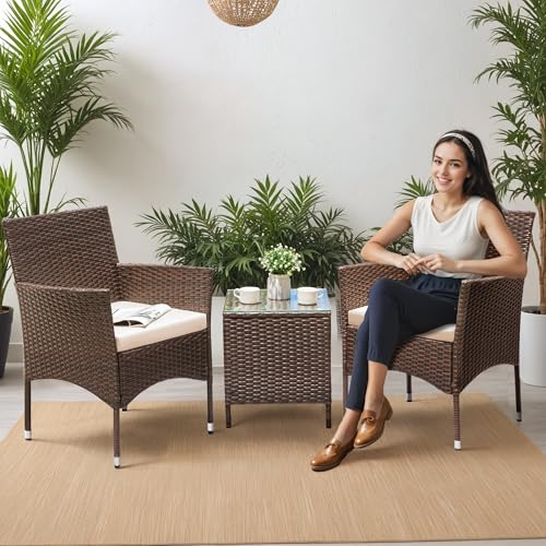 3 Pieces Patio Dining PE Rattan Wicker Chair Furniture Set with Cushion and Glass Coffee Table for Outdoor Garden Backyard Poolside, Brown and Beige