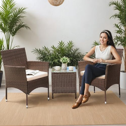 3 Pieces Patio Dining PE Rattan Wicker Chair Furniture Set with Cushion and Glass Coffee Table for Outdoor Garden Backyard Poolside, Brown and Beige