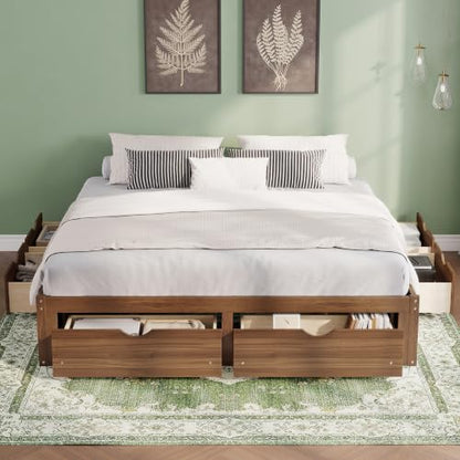 King Size Platform Bed with 6 Storage Drawers, Solid Pine Wood Storage Bed Frame, view 6