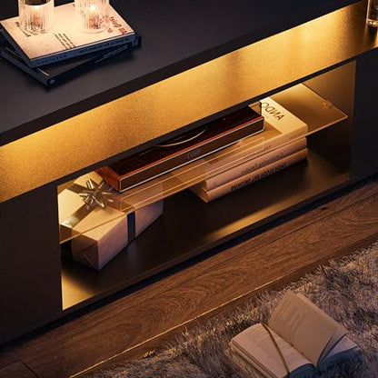 Black TV Stand,LED TV Stand for Living Room,Glass Entertainment Center TV Stand, TV Console Tables for Living Room,Bedroom,Home Office