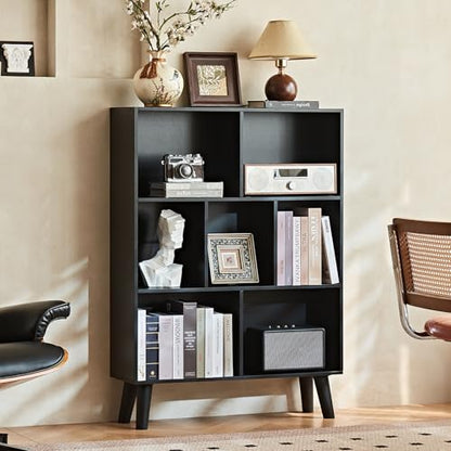 Cube Bookshelf, Mid-Century Modern Book Shelf with Legs, Black, view 5