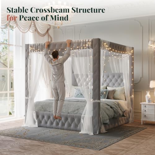 Queen Canopy Bed Frame Velvet Upholstered Headboard, Grey, view 7