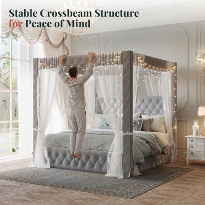 Queen Canopy Bed Frame Velvet Upholstered Headboard, Grey, view 7