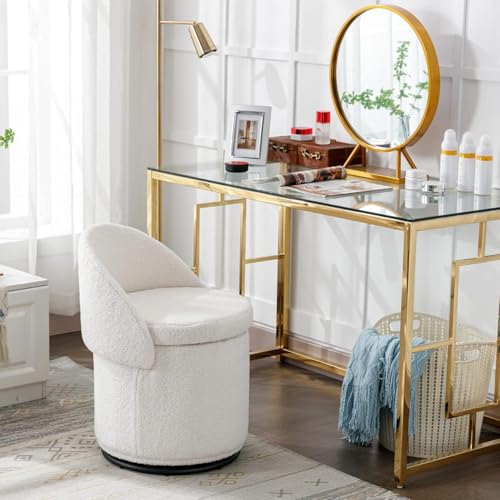 Modern Swivel Ottoman Vanity Chair, Sherpa Upholstered Barrel Club Chairs 360°Degree Swivel Side Chair with Storage, Comfy Makeup Stool for Bedroom Living Room, White