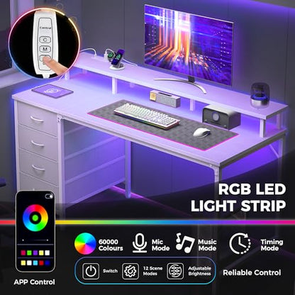 47 Inch Computer Desk with 4 Drawers,4 Drawer Gaming Desk with Power Outlets and LED Lights,Office Desk for Small Spaces with Monitor Shelf,Writing Desk for Home Office,Bedroom, Study,White