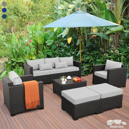 Patio Wicker Furniture Set 6 Pieces Outdoor HDPE Wicker Conversation Couch Sectional Chair Sofa Set with Grey Cushions