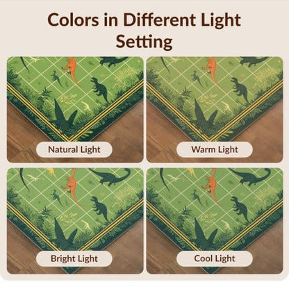 Design&I 8'x10' Green Forest Dinosaur World Grid Pattern Washable Area Rug | Bedroom Decor with Vibrant Dino Species in for King Size Bedroom, Under Bed, Sleek Flatweave Pet Friendly