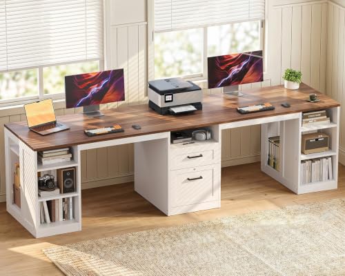 Farmhouse 95.3 Inch Two Person Computer Desk, Walnut+ White, view 3