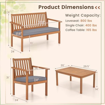 4 Piece Patio Wood Furniture Set, Acacia Wood Sofa Set w/Loveseat, 2 Chairs & Coffee Table, Soft Seat Cushions, Outdoor Wood Furniture Set for Porch, Yard, Balcony (Gray)