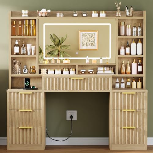 Fluted Large Vanity Desk with Mirror and Lights, Power Outlet, view 2