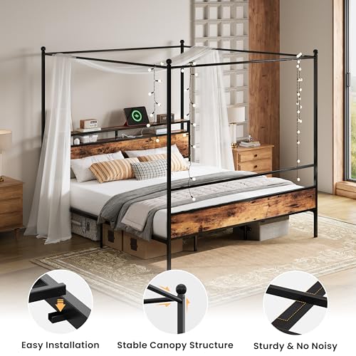 Canopy Bed Frame King with Storage Headboard & Charging Station, view 6