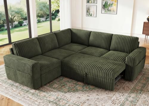 Modular Sectional Sleeper Sofa with Pull Out Bed,Corduroy L Shaped Couch with Storage, Sectional Couches for Living Room,Green