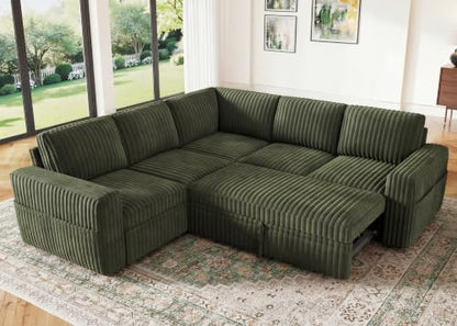 Modular Sectional Sleeper Sofa with Pull Out Bed,Corduroy L Shaped Couch with Storage, Sectional Couches for Living Room,Green
