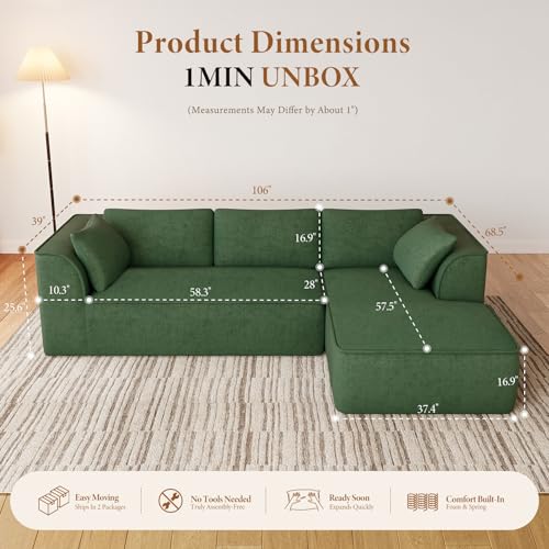 106" Cloud Sectional Couch with Chaise, Deep Seat Modular Sectional Sofa Chenille Memory Foam Sofa Boneless Couches for Living Room Bedroom, No Assembly Required (Green, Right-Facing Chaise)