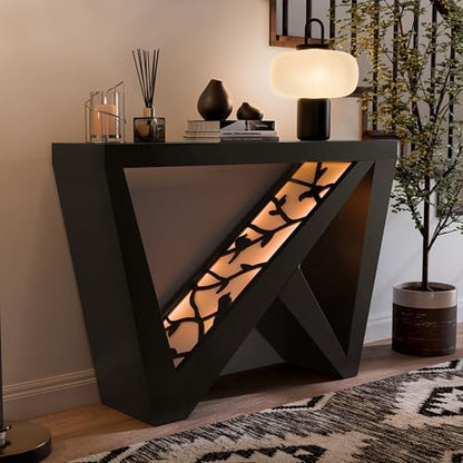 Naomi Modern Decorative Accent LED Console Table with W-Shaped Legs and Remote, Wood Entryway Furniture for Living Room, Hallway, Entrance, Small Spaces, Black