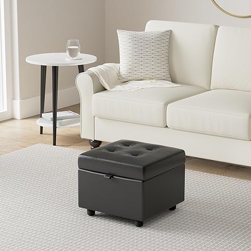Tufted Leather Square Flip Top Storage Ottoman Cube Foot Rest (Black)