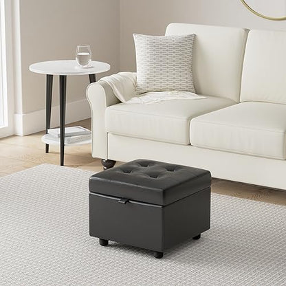 Tufted Leather Square Flip Top Storage Ottoman Cube Foot Rest (Black)