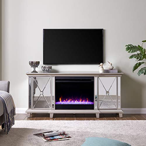 Toppington Mirrored Fireplace Media Console - Transitional Design, Silver Glass and Wood - Ideal for Living Room, Family Room (FC1010356)