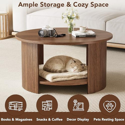 Round Coffee Table with Storage, 31.5" Modern Fluted Center Table, 2-Tier Mid Century Coffee Table, Wood Circle Table for Living Room, Home Office, Small Space, Walnut