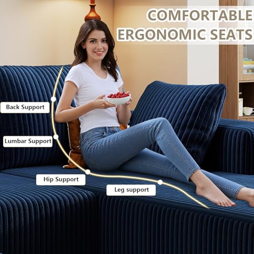 96" Cloud Sectional Couch with L-Shaped Chaise, Modern Corduroy Sectionals Couches with Deep Seat, Boneless Sofa 3 Seater for Living Room, No Assembly Required (Blue, Right Facing Chaise)