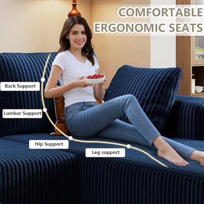 96" Cloud Sectional Couch with L-Shaped Chaise, Modern Corduroy Sectionals Couches with Deep Seat, Boneless Sofa 3 Seater for Living Room, No Assembly Required (Blue, Right Facing Chaise)