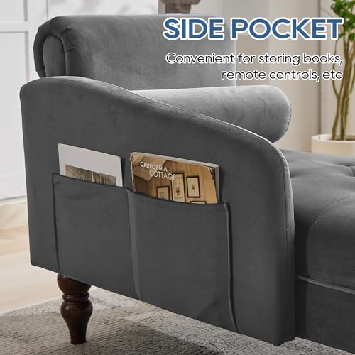 Chaise Lounge Chair Indoor with Right Armrest, Velvet, Grey, view 7