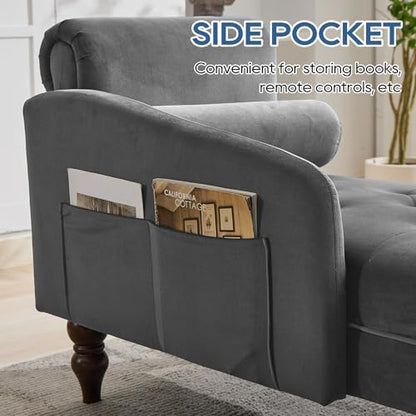 Chaise Lounge Chair Indoor with Right Armrest, Velvet, Grey, view 7