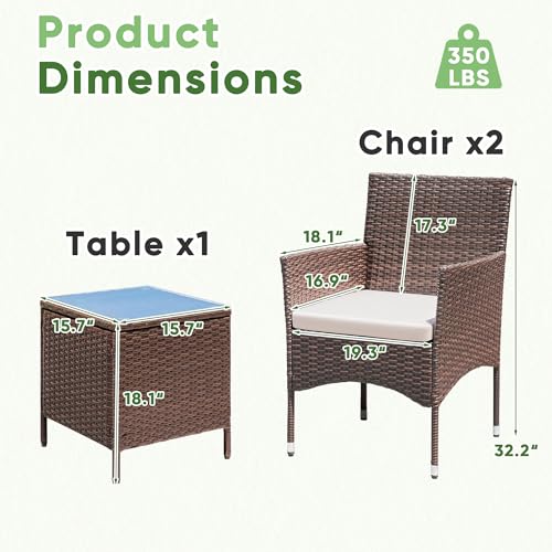 3 Pieces Patio Dining PE Rattan Wicker Chair Furniture Set with Cushion and Glass Coffee Table for Outdoor Garden Backyard Poolside, Brown and Beige