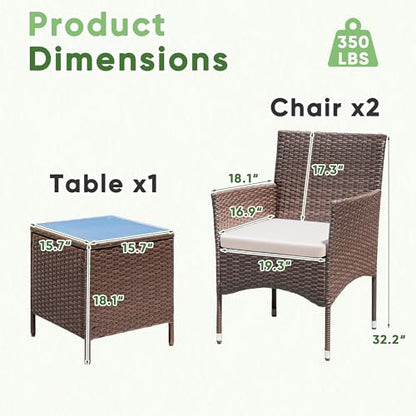 3 Pieces Patio Dining PE Rattan Wicker Chair Furniture Set with Cushion and Glass Coffee Table for Outdoor Garden Backyard Poolside, Brown and Beige