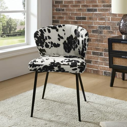 Modern Dining Chairs, Small Cute Armless Accent Chair, Upholstered Side Chair with Black Metal Legs, Tufted Back Vanity Chair for Bedroom/Dining Room/Beauty Room-Animal Print Black