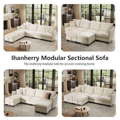 112" Modular U-Shaped Sectional Sofa, Modern 6-Seat Cloud Couch with 2 Storage Ottomans, Comfy Chenille Convertible Furniture Set for Living Room, Apartment, Easy Assembly, Beige