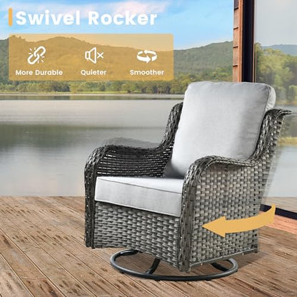 Patio Furniture Set,3 Piece Outdoor Furniture with Swivel Chairs,Wicker Patio Bistro Chairs Set,Light Gray