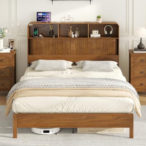 Queen Size Bed Frame with Headboard and Charging Station Walnut, view 2