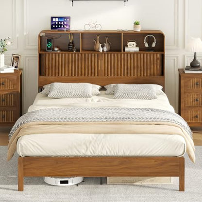 Queen Size Bed Frame with Headboard and Charging Station Walnut, view 2